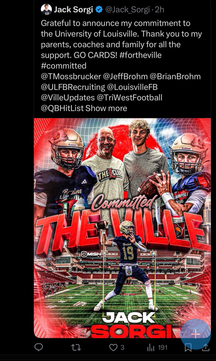 Congrats to our QB in CF <a href="/Jack_Sorgi/">Jack Sorgi</a>!! Excited to watch him the next few years and beyond!! Go Cards!! <a href="/triwestsports/">Tri-West High School Athletics</a> <a href="/LouisvilleFB/">Louisville Football</a> <a href="/TriWestLL/">TWLL Baseball</a> <a href="/BoosterTriWest/">Tri-West Baseball Boosters</a> <a href="/PBRIndina/">PBRIndiana</a>