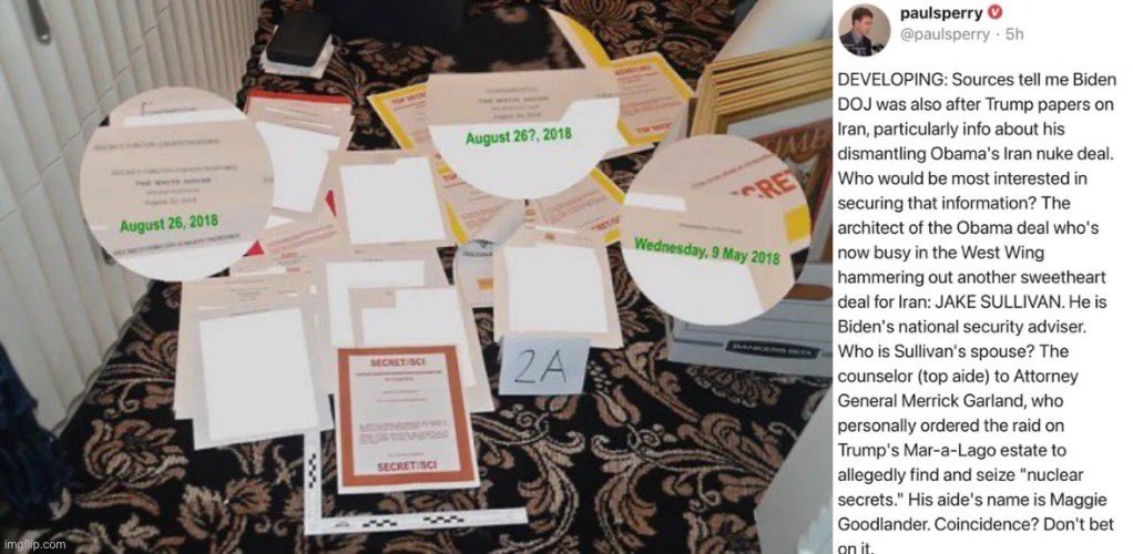 WarClandestine's tweet photo. ⚠️HOLY SHIT⚠️

Now I’m REALLY gonna blow your mind.

Remember when the FBI raided Mar-a-Lago, and they posted pictures of some docs? One was dated May 9th, 2018, the exact day Trump abandoned Obama’s Iran Deal.

Then, Trump confirmed the Biden DOJ were after docs about IRAN!!! Trump shared a truth from Paul Sperry alleging that Biden DOJ were looking for “info about Trump dismantling Obama’s Iran nuke deal”.

HOLY SHIT… Biden weaponized the DOJ/FBI to try to steal the documents proving that Obama/Biden committed TREASON!!!

I think the Mar-a-Lago raid had a lot to do with the Deep State trying to cover up their plan to let Iran build nukes. TRUMP KNEW THE ENTIRE TIME!!!