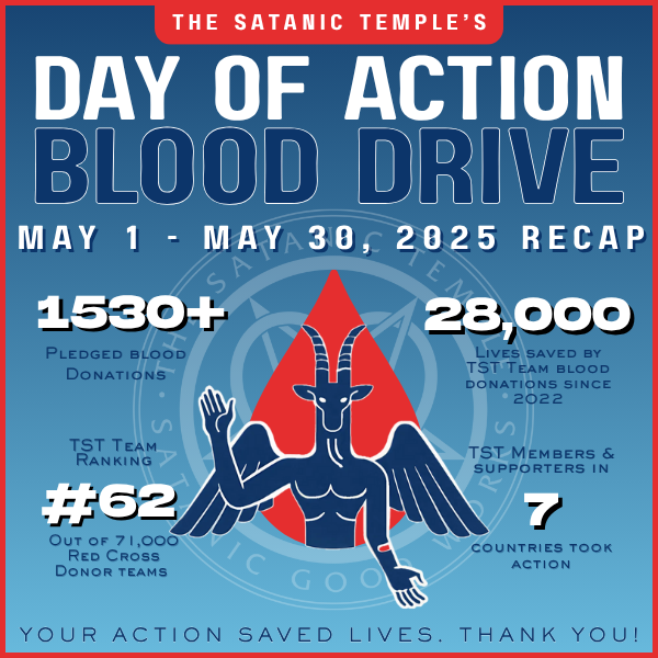 satanic_temple_'s tweet image. Satan Saves!
TST's International Day of Action saw 1530+ members & supporters pledge blood donations across 7 countries. Thanks to all who took action! Keep the momentum going by joining the TST Red Cross team and donating here: tst.page/RedCrossApp