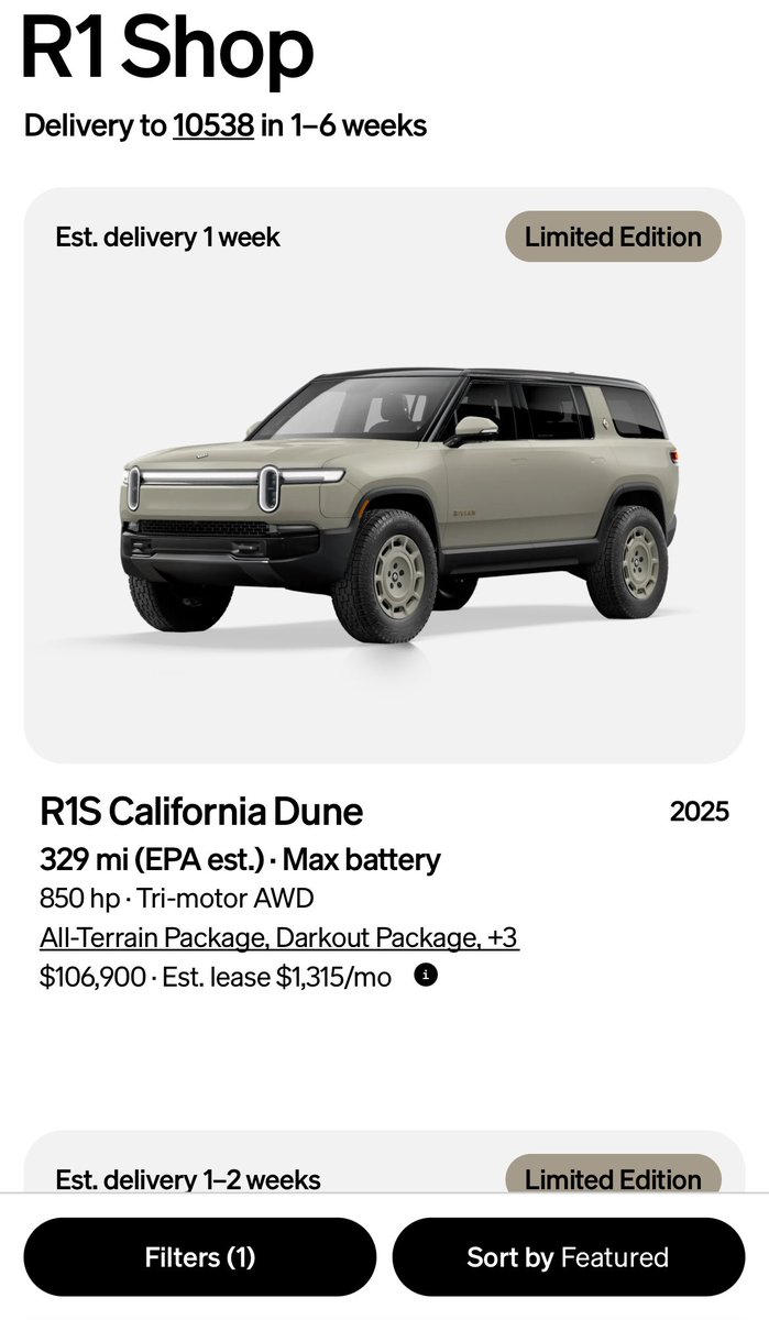 zerosum85's tweet image. Dune is still available in New York for anyone who is still looking to get one.
rivian.com/configurations…