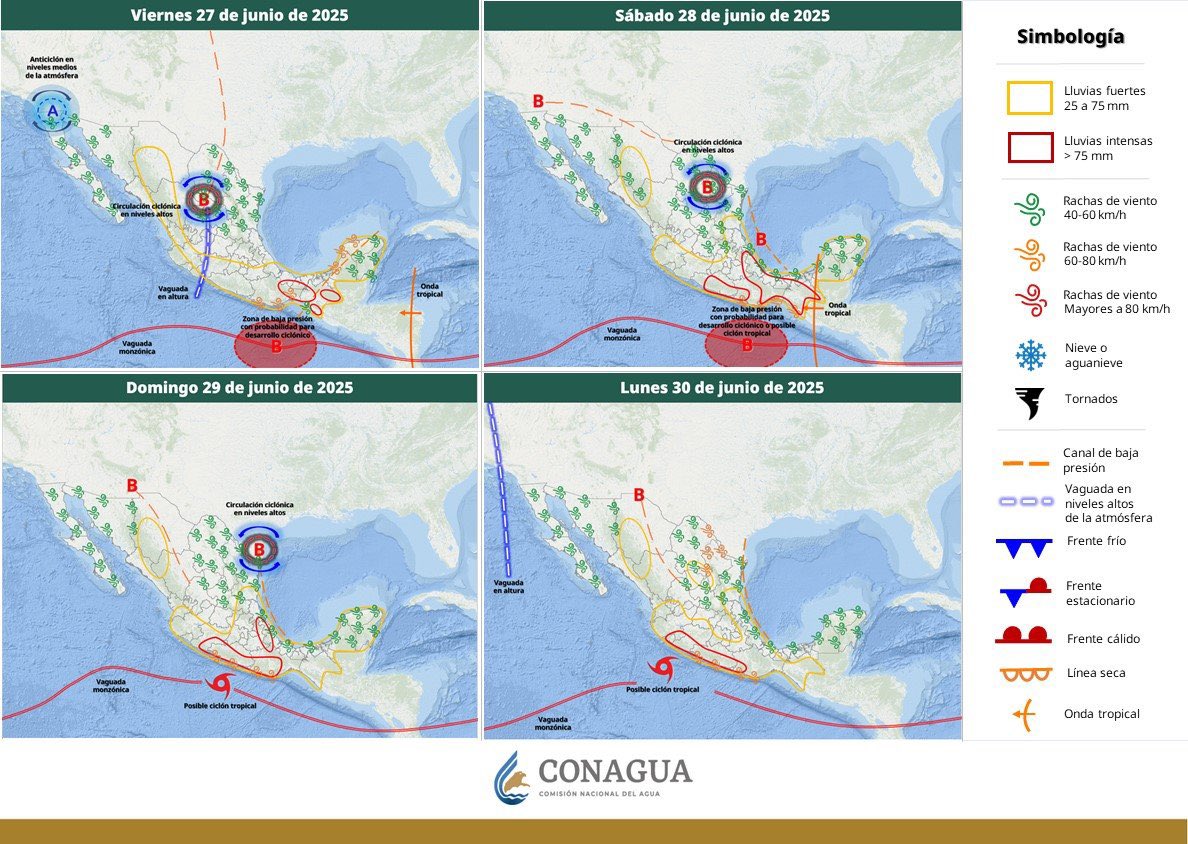 🔴 Pronostica la CONAGUA que a partir de hoy y hasta el próximo lunes, se registrarán lluvias fuertes a muy fuertes en la mayor parte del territorio nacional, con lluvias intensas a puntuales torrenciales en 9 estados del país.
