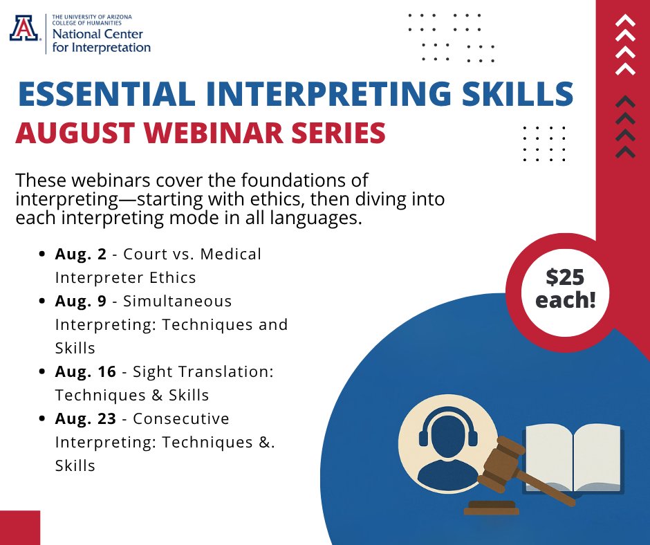 Sharpen your skills with four low-cost, high-impact webinars designed for interpreters of all languages!

Just $25 each – don’t miss out! For more information, go to: nci.arizona.edu/interpreter-tr…