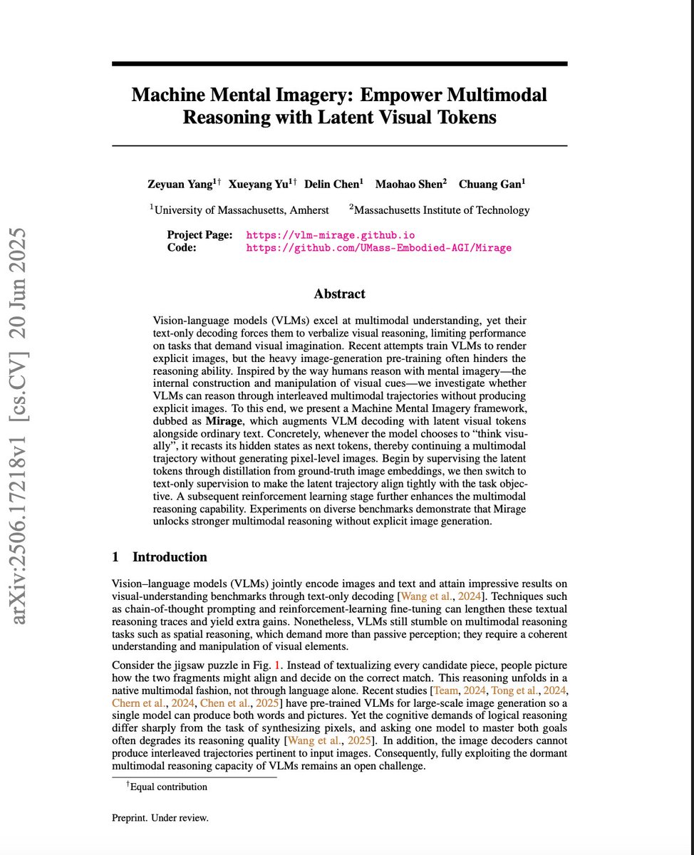 gan_chuang's tweet image. VLM can think visually without generating pixels!
VLM can think visually without generating pixels!
VLM can think visually without generating pixels!
📢 We introduce Machine Mental Imagery (Mirage): a new framework that enables VLM to imagine using latent visual…