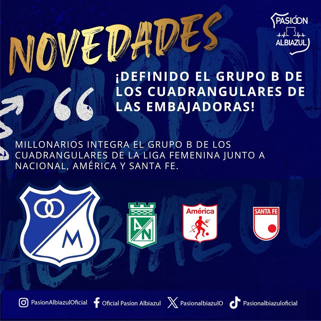 Ⓜ️⚽️ Millonarios Femenino integra el grupo B de los cuadrangulares de la Liga Femenina 2025 junto con América, Nacional y Santa Fe. 

¡VAMOOOOS EMBAJADORAS POR LA PRIMERA! #YoCreoEnMillonarios