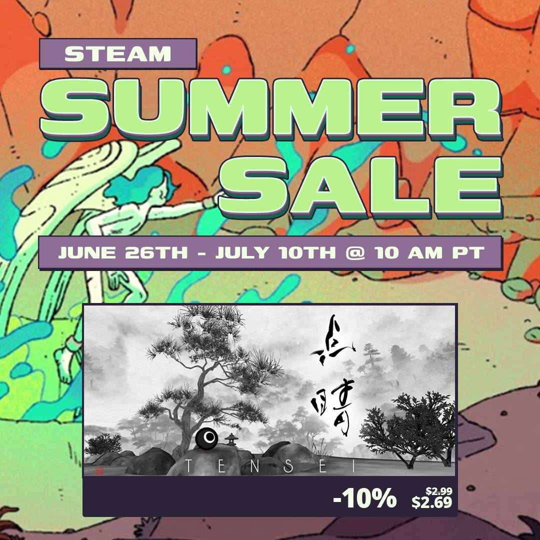 PRpegasus's tweet photo. 待ちに待った夏のお祭り #Steamサマーセール が始まりました！
#TENSEI #点睛 もセール価格でご購入いただけますので、この機会にぜひ！👀✨
https://t.co/xJfB5sh5uG https://t.co/o7xVBVo3de