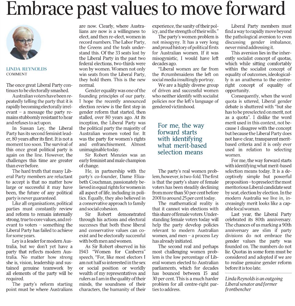 Mistadamage's tweet image. The existential problem we face in centre-right politics is well articulated here by @lindareynoldswa, as is the conflict between Liberal ideals &amp;amp; quotas.

Asking for constructive (not argumentative) input here: how do we fix this? #asktwitter

*piss off if you just want to argue