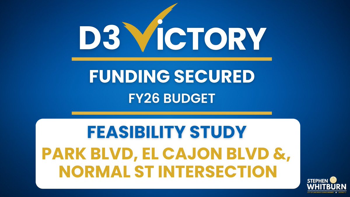 CMWhitburnD3's tweet image. 🚨 MAJOR BUDGET WIN FOR DISTRICT 3 🚨
Thanks to the advocacy of over 1,600 residents and dozens of organizations, funding is secured in the FY26 budget to study long-overdue improvements at the Park-El Cajon-Normal intersection!
Thank you to everyone who made this possible!