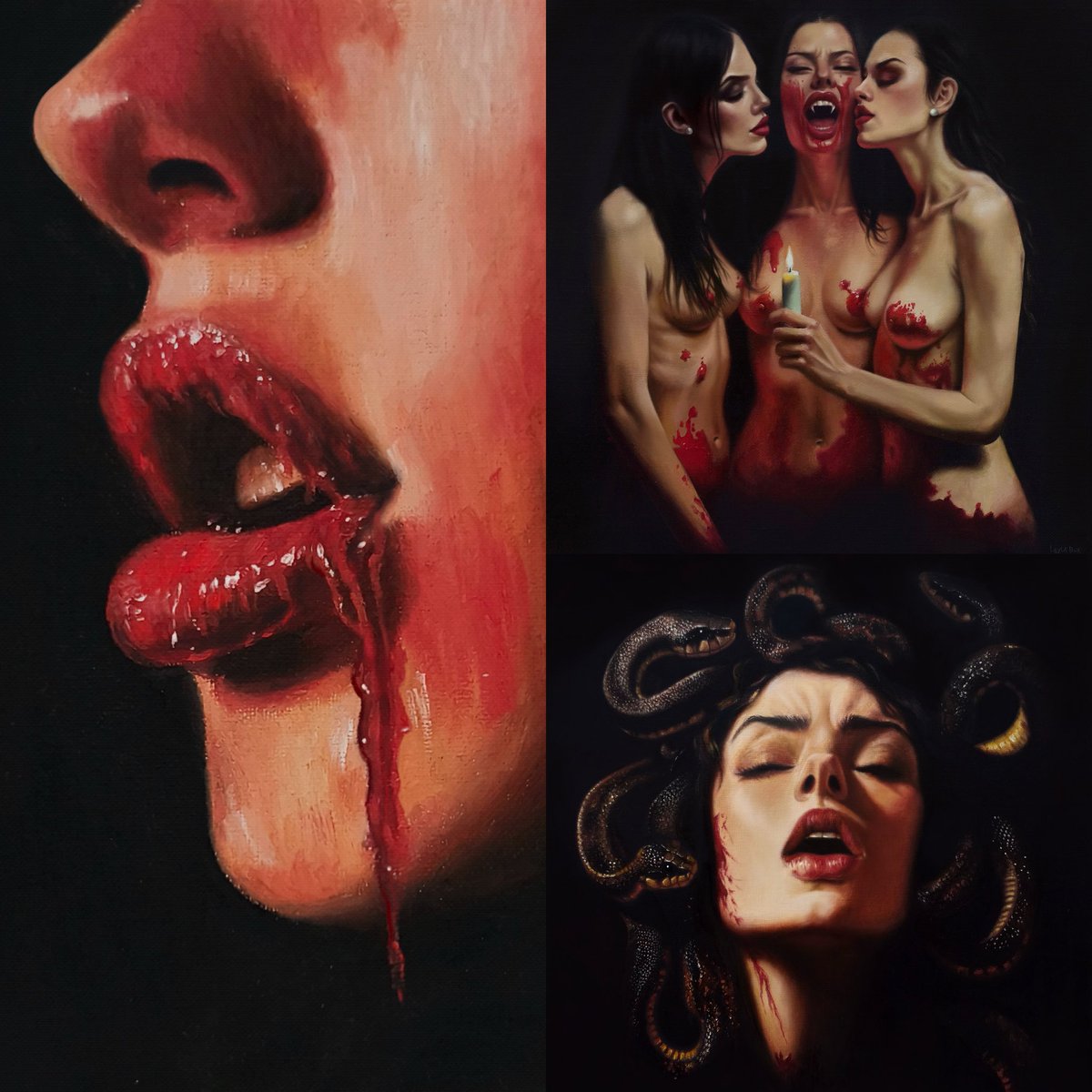 my 3 latest oil paintings, part of “Chiaroscuro” collection. This series represents a return to a masochistic realism where I experiment with new knowledge, studies, inspirations. dramatic contrasts always hand in hand with the exotic/erotic/dark.

Left one available on FND now.