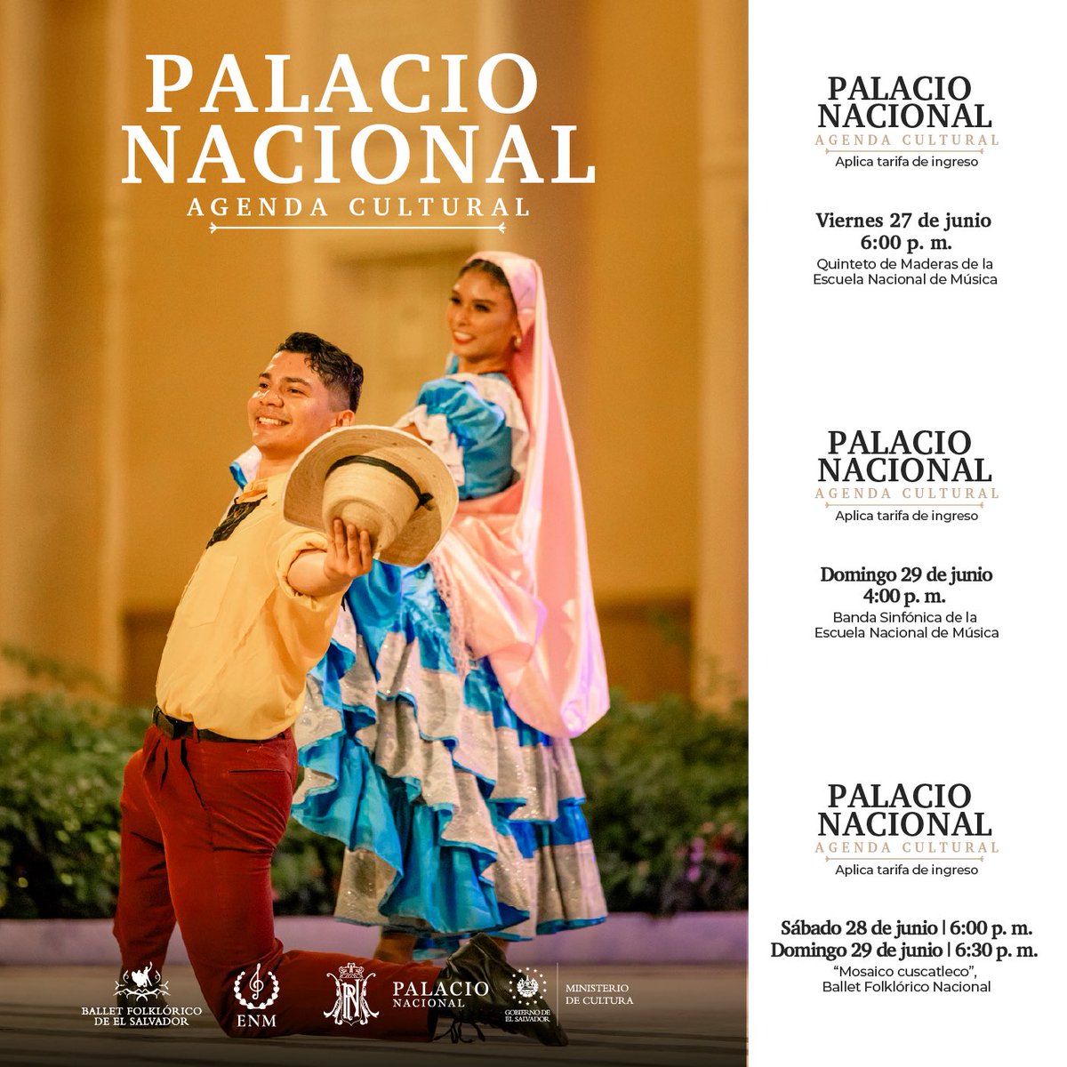 ¡Este fin de semana el Palacio Nacional se llena de música y tradición! 🇸🇻✨

Disfrutá de la #agendacultural con presentaciones especiales de la Escuela Nacional de Música y el Ballet Folklórico Nacional.