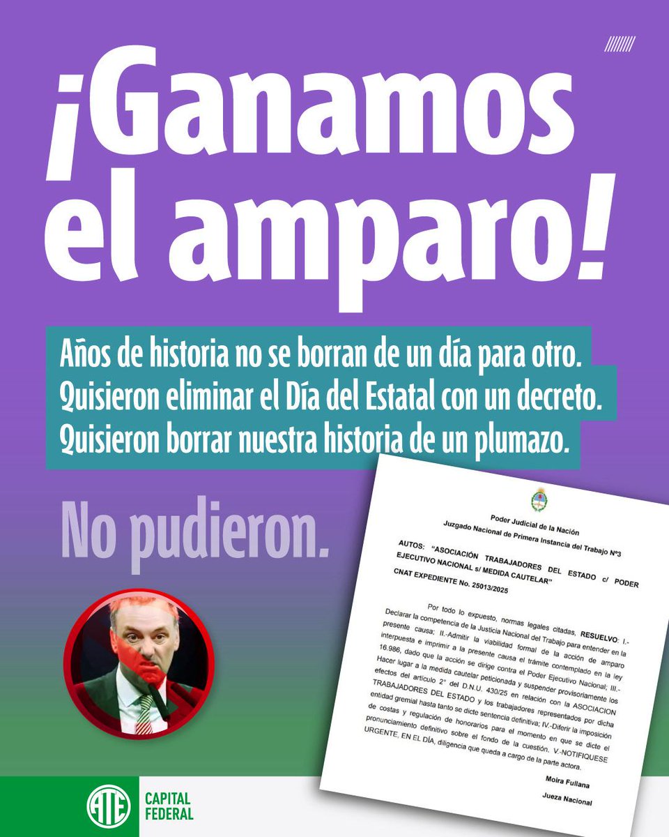ATE Capital (@atecapitalok) on Twitter photo ⚠️ El amparo lo presentó ATE y tuvo resultado favorable. Aplica a todos los trabajadores del Estado, porque representamos a todos más allá de la afiliación (así es el modelo sindical argentino). Aunque <a href="/madorni/">Manuel Adorni</a> diga lo contrario, su palabra no vale. El Día del Estatal no se toca. ⚠️ El amparo lo presentó ATE y tuvo resultado favorable. Aplica a todos los trabajadores del Estado, porque representamos a todos más allá de la afiliación (así es el modelo sindical argentino). Aunque <a href="/madorni/">Manuel Adorni</a> diga lo contrario, su palabra no vale. El Día del Estatal no se toca.