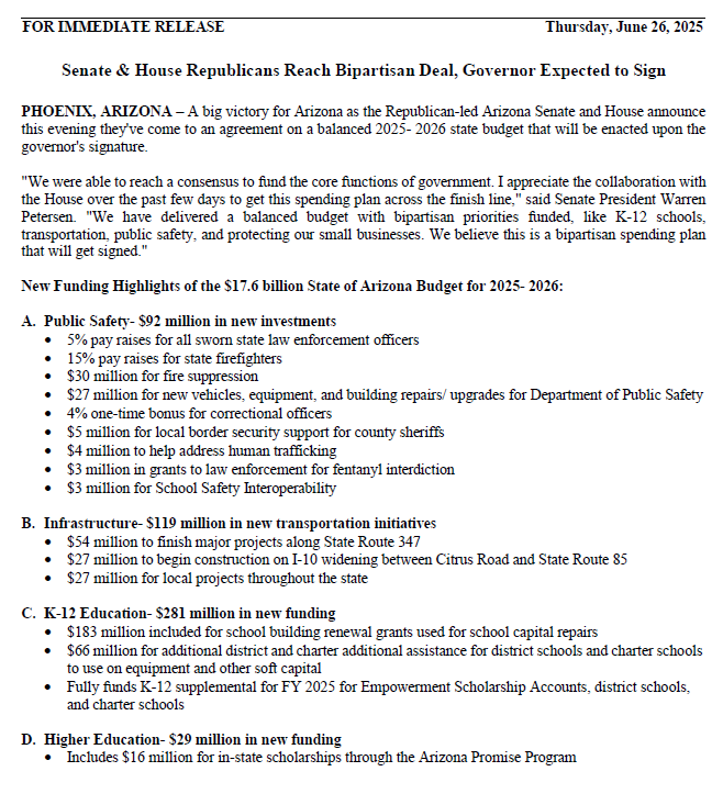 brahmresnik's tweet image. 48 hours after House was a careening toward a shutdown, there is a tri-partite budget deal at the Arizona Capitol. Should be passed and sent to @GovernorHobbs for signing Friday.