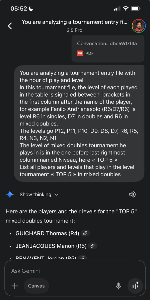 🌸 Analyzing 250 pages tournament summoning files would take me an hour in Python struggling with table parsing libraries 😞

But Gemini 2.5 Pro delivered in one prompt. Got 2/3 mistakes because of blank lines but I’m satisfied with the initial result 

All while laying in bed 🛌