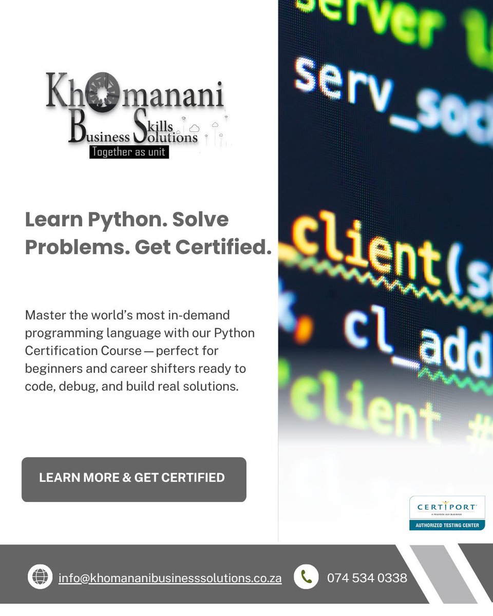 KhomananiBSS's tweet image. Get globally certified in foundational Python programming—no prior experience required.
 Enroll today or sponsor a student!

 Enroll now → [  074 534 0338  info@khomananibusinesssolutions.co.za]


#PythonCourse #CodingBasics #GetCertified #Python3 #TechSkills #DigitalLiteracy