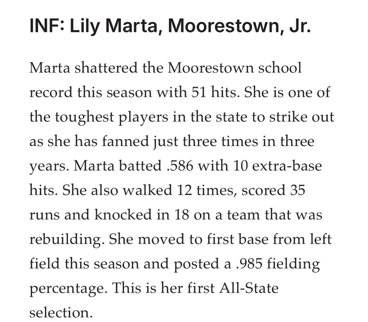 Lily (@lilymarta2026) on Twitter photo So excited to be named 3rd Team All State and 1st Team All Group 3. Thank you <a href="/MtownSB/">Moorestown Softball</a> for helping me get here!! So excited to be named 3rd Team All State and 1st Team All Group 3. Thank you <a href="/MtownSB/">Moorestown Softball</a> for helping me get here!!