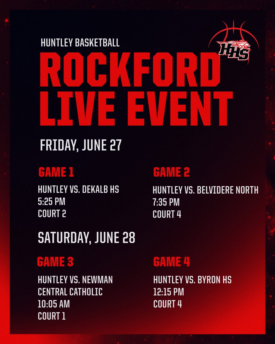 HuntleyHS Basketball (@huntleyhsbball) on Twitter photo We have our last games of the summer this weekend! The Rockford Live Event at the UW Health Sports Factory will have us playing 4 games over 2 days! Check out our schedule. Thanks <a href="/RPSChicagoland/">Chicagoland Summer Showcase</a> for having us! We have our last games of the summer this weekend! The Rockford Live Event at the UW Health Sports Factory will have us playing 4 games over 2 days! Check out our schedule. Thanks <a href="/RPSChicagoland/">Chicagoland Summer Showcase</a> for having us!
