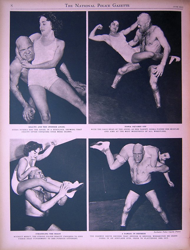 This Month in <a href="/PoliceGazette/">Police Gazette</a> 1941: Pro wrestlers Zoska Burska and The Swedish Angel demonstrate some moves.