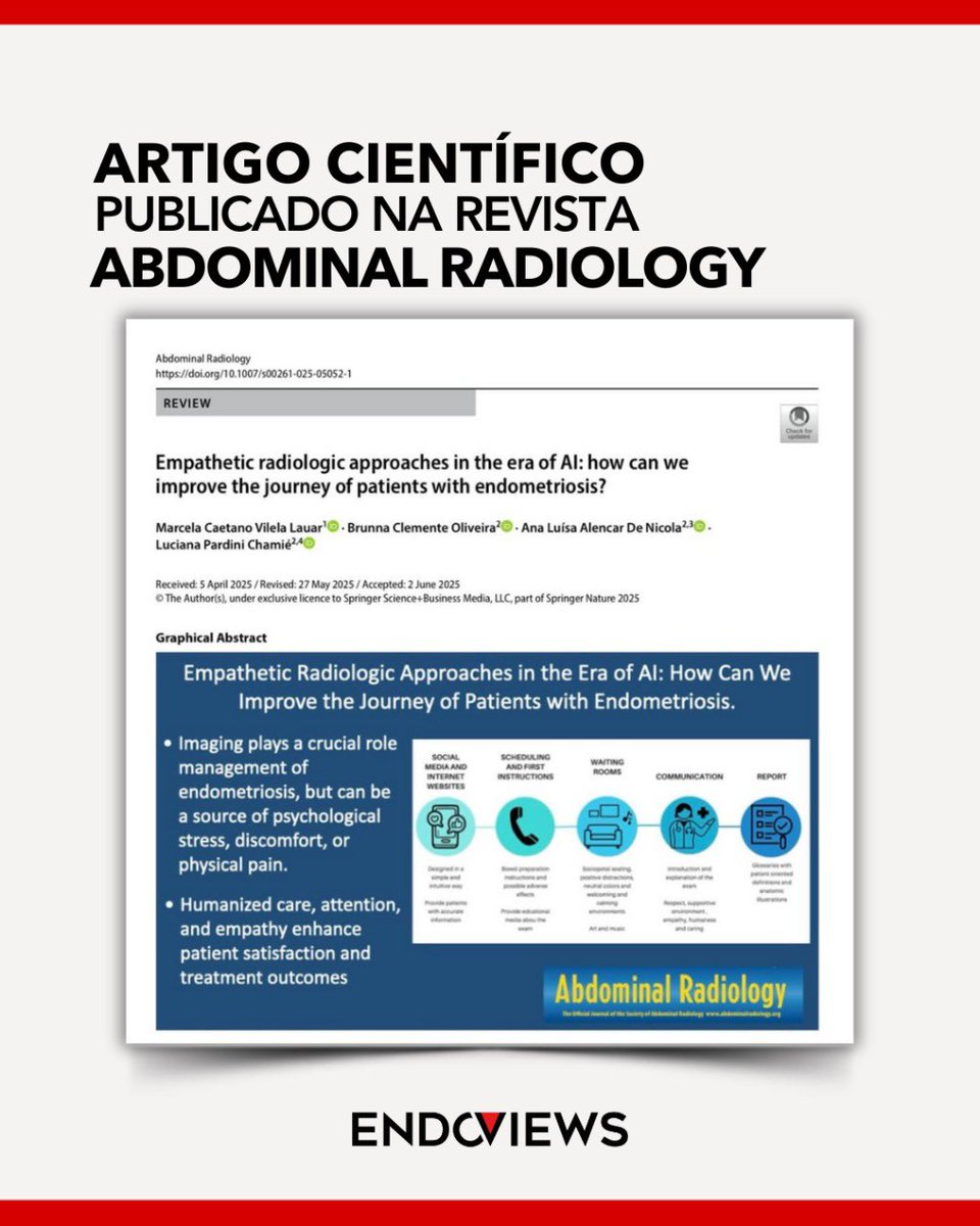endoviews's tweet image. A endometriose é uma jornada que pode durar da adolescência à pós-menopausa. No artigo “Empathetic radiologic approaches in the era of AI”, publicado na Abdominal Radiology, a Profa. Dra. @lucianachamiec1 e colegas reforçam a importância de uma abordagem humanizada.