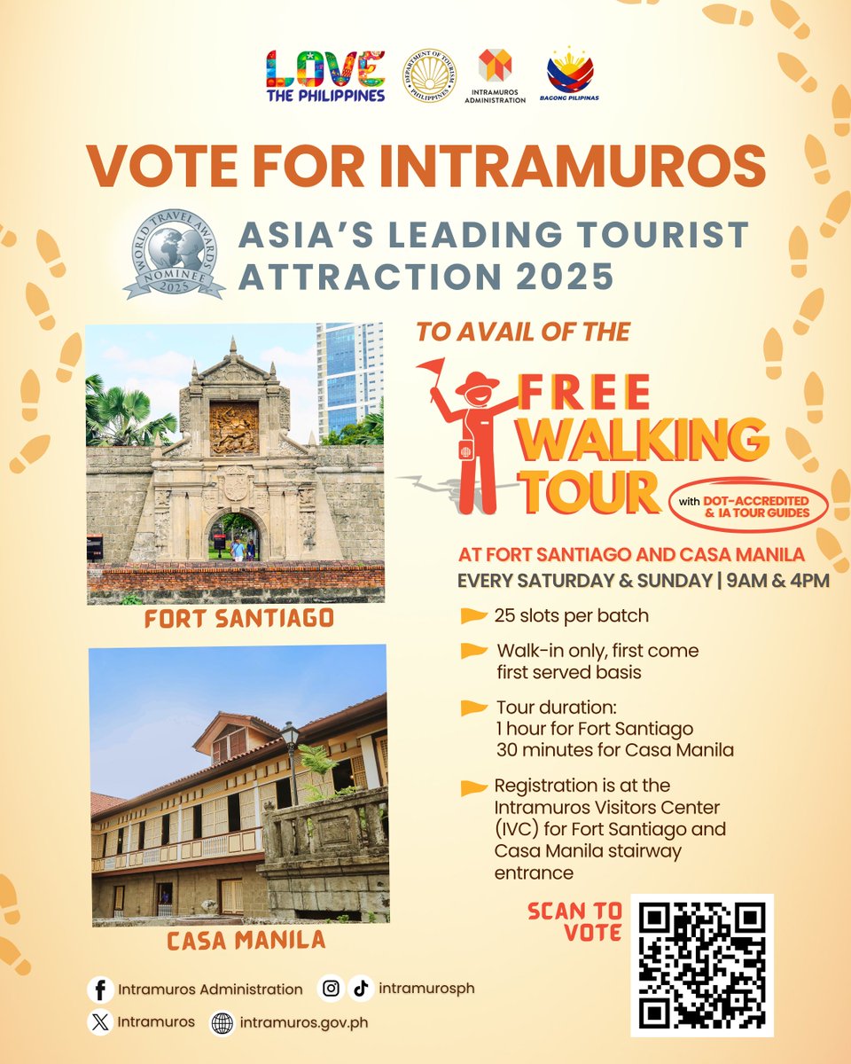Explore the rich history of the Walled City this weekend by joining our FREE Walking Tours with DOT-accredited guides every Saturday and Sunday at Fort Santiago and Casa Manila!

To avail the free walking tours, simply VOTE for Intramuros as Asia’s Leading Tourist Attraction at