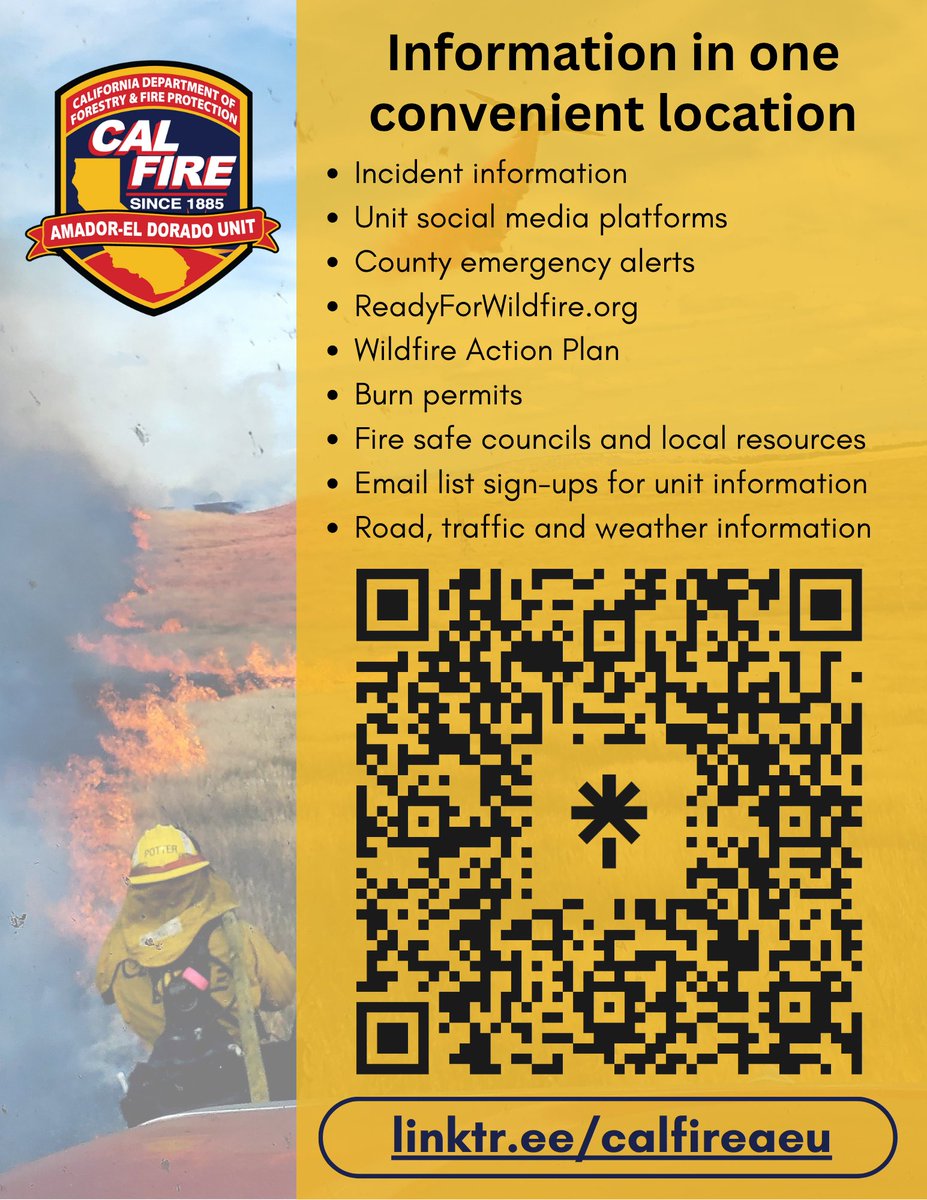 Have you checked out our Linktr.ee lately? It’s full of AEU information — social media links, press releases, wildfire updates, emergency alerts, Fire Safe Councils, local resources &amp; more. Visit linktr.ee/calfireaeu or scan the QR code. Stay informed. Stay safe.