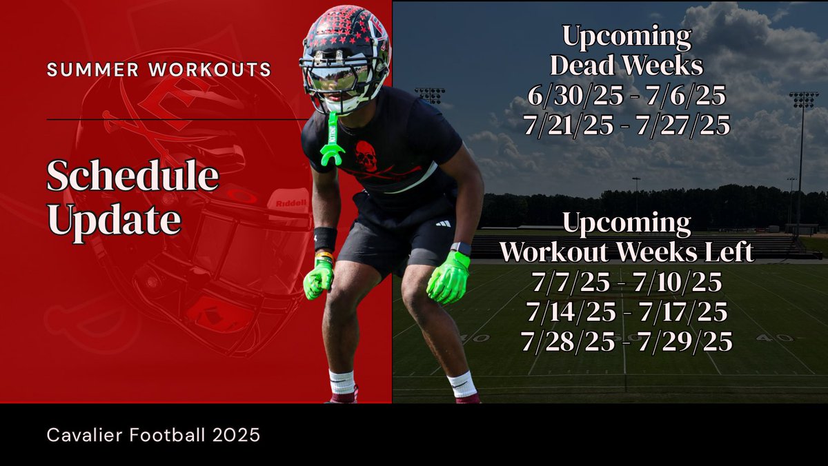 Cavalier_FB's tweet image. 🚨 SUMMER SCHEDULE UPDATE 🚨
NCHSAA Dead Weeks ❌
🗓 6/30–7/6 & 7/21–7/27
✅ Final 3 Weeks of Summer Workouts:
📅 7/7–7/10
📅 7/14–7/17
📅 7/28–7/29
Let’s lock in and finish strong! The season is almost here!
⚔️🏈🔥
#WIT