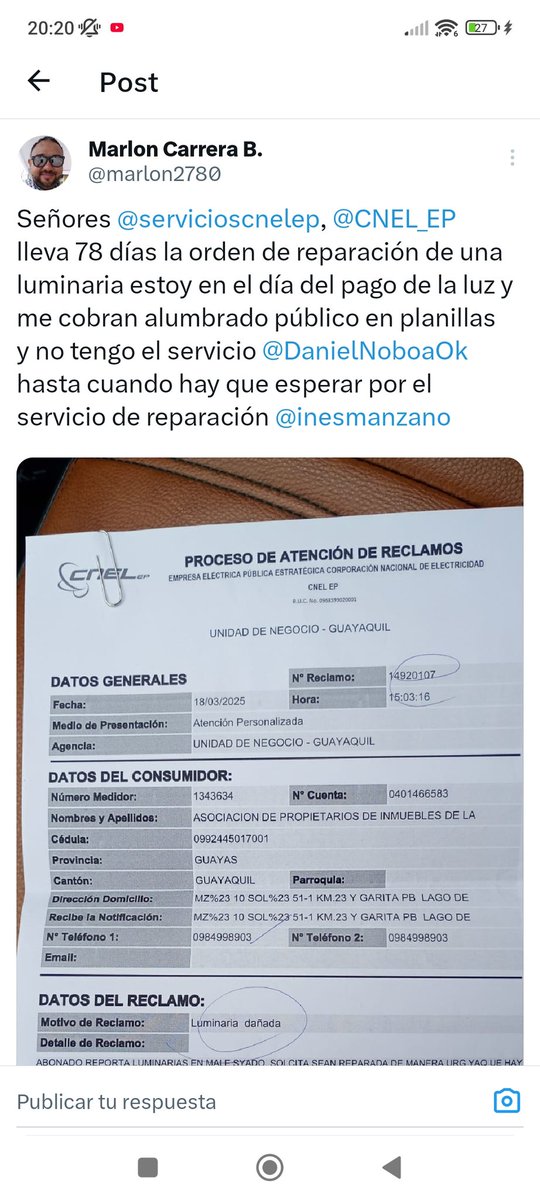 marlon2780's tweet photo. Señores @servicioscnelep, @CNEL_EP  siempre me contestan lo mismo  @DanielNoboaOk  hasta cuando se me burlan @inesmanzano de la reparación https://t.co/WEplUPk4Ch