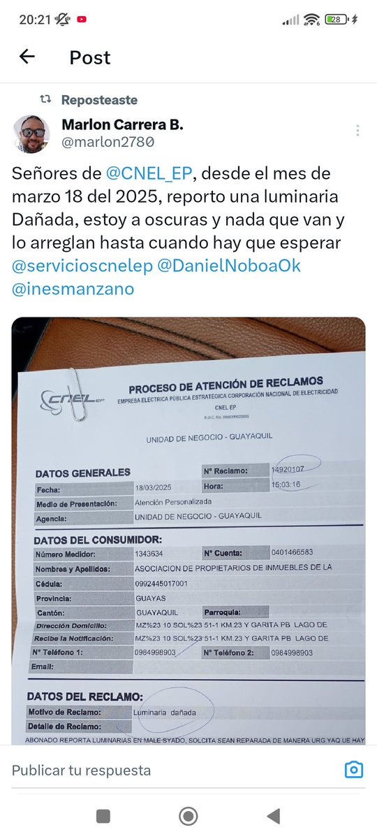 marlon2780's tweet photo. Señores @servicioscnelep, @CNEL_EP  siempre me contestan lo mismo  @DanielNoboaOk  hasta cuando se me burlan @inesmanzano de la reparación https://t.co/WEplUPk4Ch