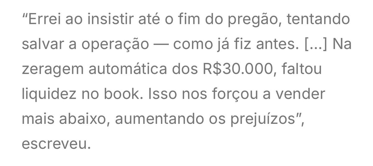 MeninRibeiro's tweet photo. Motivo da afundada no dólar hoje (no final do pregão) foi um stop de copy trade

“Luana Pires LPK” tinha aproximadamente 200 pessoas seguindo suas operações, cada uma com cerca de 180 contratos

A influencer que prometia 20% ao mês pelo jeito nunca ouviu falar em stop compulsório e carregou, em day trade, uma posição de mais de 30 mil contratos de dólar até às 18h, quando começaram as zeragens, afinal, obviamente, as contas não tinham a margem necessária para dormir com a posição

Como as pessoas ainda caem nisso?

E outra… isso fugiu completamente do controle hein? Que loucura virou esse tanto de copy trade…