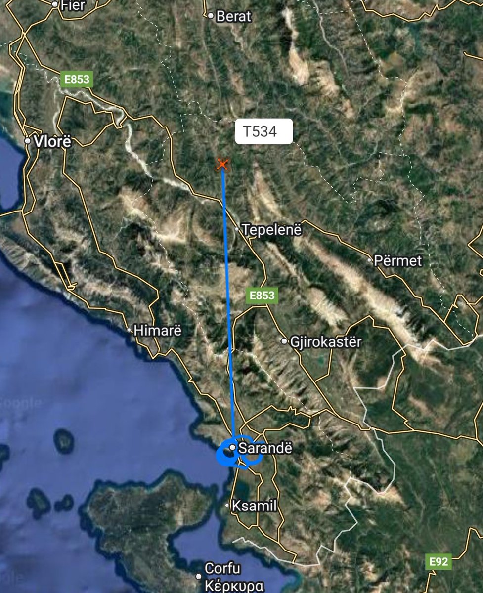 Lukai1861's tweet photo. #Albania | #T534 (Hex: 0005FE) Bayraktar 🇦🇱🇹🇷 TB2 #drone departed from #Kuçovë NATO Air Base and flew around  #Sarandë area in southern Albania.

It's rare to see this drone at night (00:10-03:00).

#Bayraktar #TB2 https://t.co/Q0Xi21E713