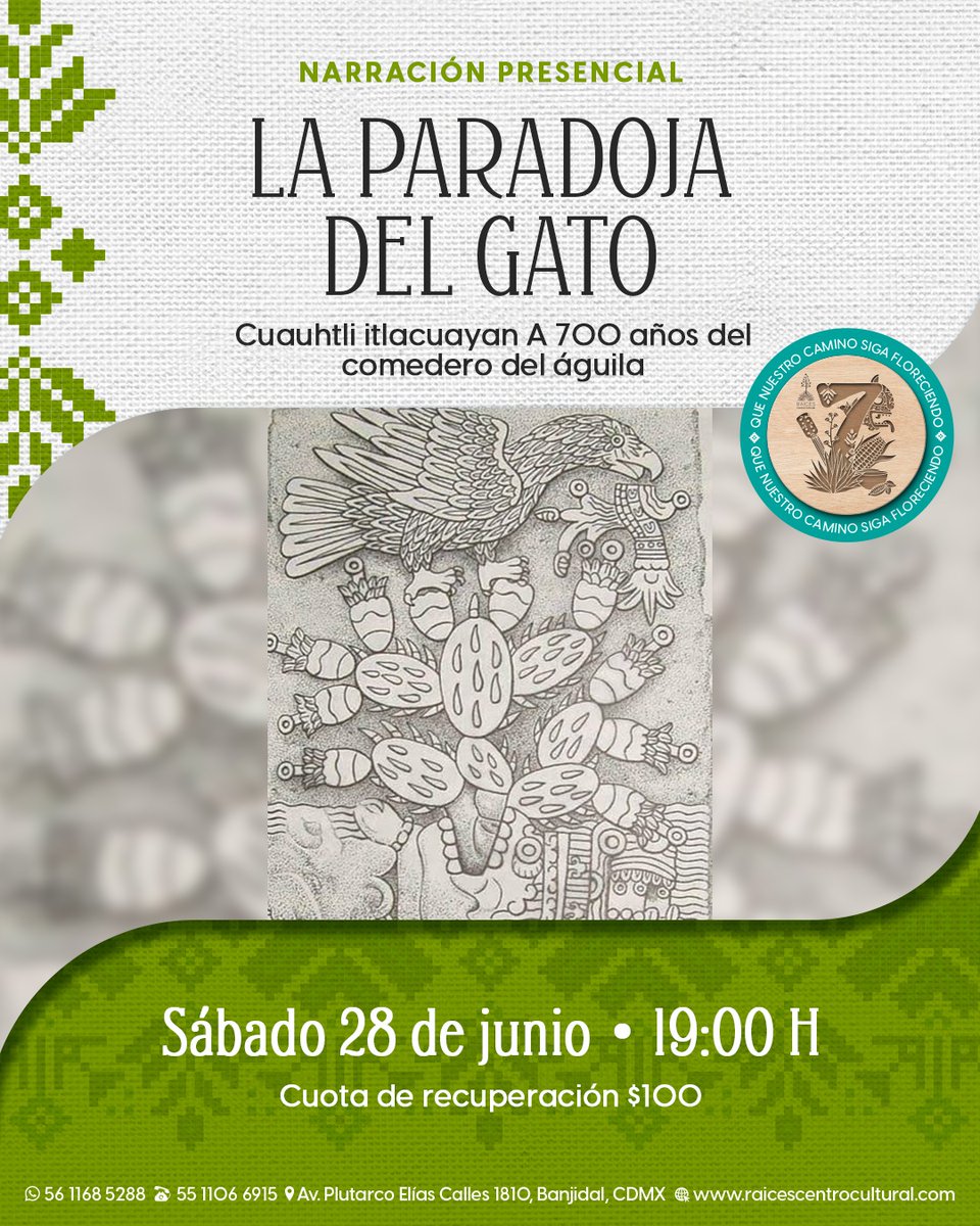Este sábado 28 de junio estaremos en <a href="/RaicesCCMX/">RAÍCES</a> con el maestro Santos De la Cruz, quien compartirá reflexiones en relación a la fundación de Mexico Tenochtitlan. 
#nahuatl #poesía