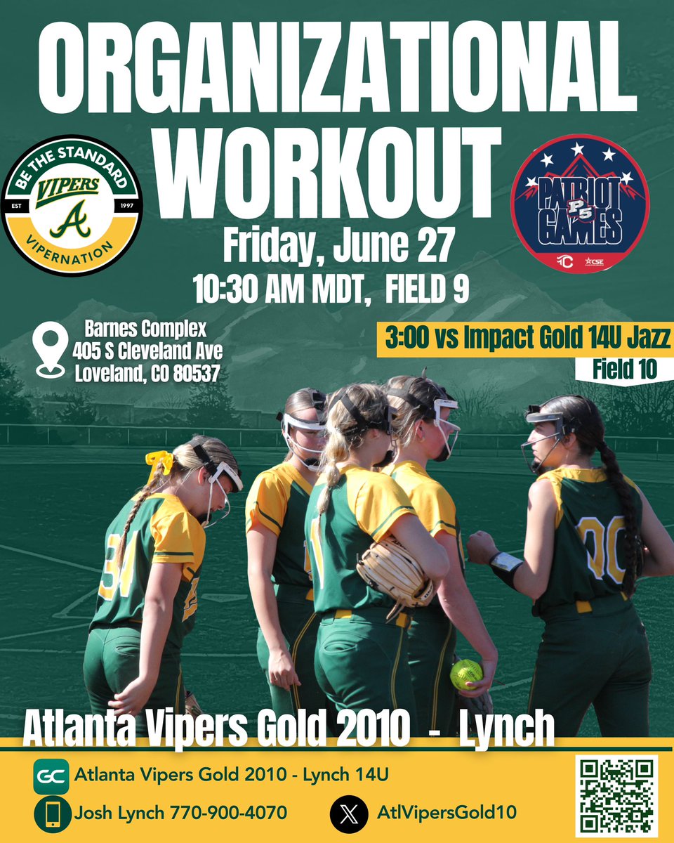 P5 Patriot Games Day 2 🇺🇸….. we would love to see you!!! 🥎🐍💪<a href="/thevipernation/">Atlanta Vipers Fastpitch</a> <a href="/AtlVipersGold10/">Atlanta Vipers Gold - Lynch 28/29</a>