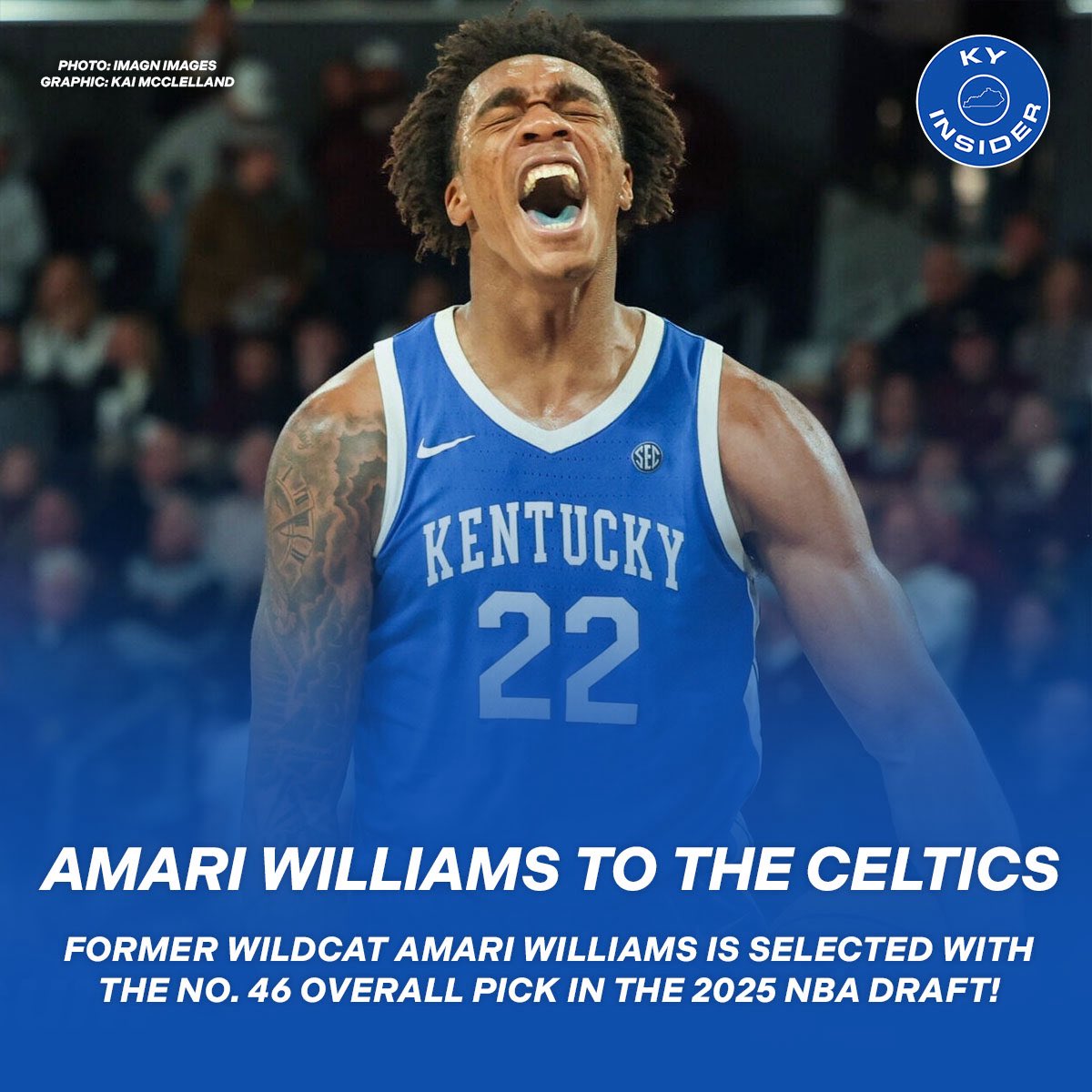KyInsider's tweet photo. Kentucky’s Amari Williams has been selected with the No. 46 overall pick by the Boston Celtics in the 2025 NBA Draft!
#BBN #UKMBB #AmariWilliams https://t.co/IMYAlbHjOm
