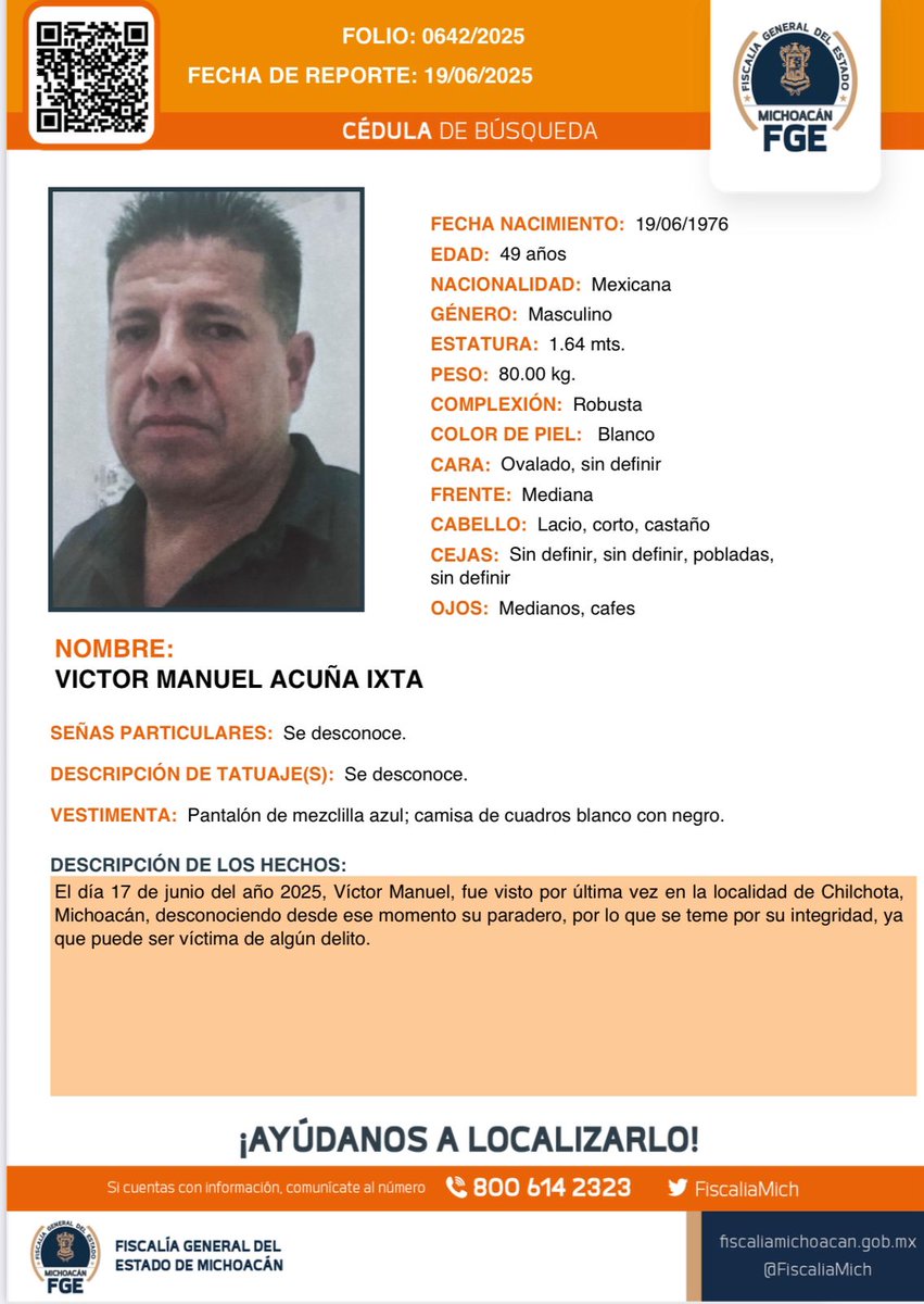 Fiscalía General de Michoacán (@fiscaliamich) on Twitter photo ⚠️🟠 Solicitamos su apoyo para la #búsqueda y #localización de VICTOR MANUEL ACUÑA IXTA de 49 años de edad. #Ayúdanos a encontrarlo. #Comparte <a href="/botDesaparecidx/">BotDesaparecidx</a> #FGEMich ⚠️🟠 Solicitamos su apoyo para la #búsqueda y #localización de VICTOR MANUEL ACUÑA IXTA de 49 años de edad. #Ayúdanos a encontrarlo. #Comparte <a href="/botDesaparecidx/">BotDesaparecidx</a> #FGEMich