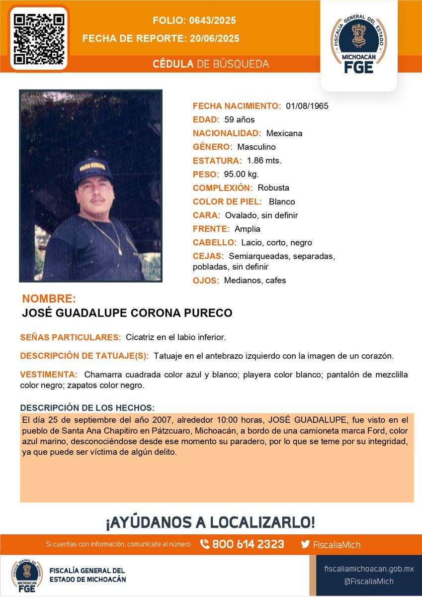Fiscalía General de Michoacán (@fiscaliamich) on Twitter photo ⚠️🟠 Solicitamos su apoyo para la #búsqueda y #localización de JOSÉ GUADALUPE CORONA PURECO de 59 años de edad. #Ayúdanos a encontrarlo. #Comparte <a href="/botDesaparecidx/">BotDesaparecidx</a> #FGEMich ⚠️🟠 Solicitamos su apoyo para la #búsqueda y #localización de JOSÉ GUADALUPE CORONA PURECO de 59 años de edad. #Ayúdanos a encontrarlo. #Comparte <a href="/botDesaparecidx/">BotDesaparecidx</a> #FGEMich