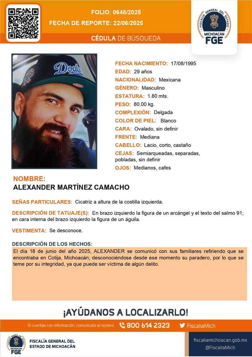 Fiscalía General de Michoacán (@fiscaliamich) on Twitter photo ⚠️🟠 Solicitamos su apoyo para la #búsqueda y #localización de ALEXANDER MARTÍNEZ CAMACHO de 29 años de edad. #Ayúdanos a encontrarlo. #Comparte <a href="/botDesaparecidx/">BotDesaparecidx</a> #FGEMich ⚠️🟠 Solicitamos su apoyo para la #búsqueda y #localización de ALEXANDER MARTÍNEZ CAMACHO de 29 años de edad. #Ayúdanos a encontrarlo. #Comparte <a href="/botDesaparecidx/">BotDesaparecidx</a> #FGEMich