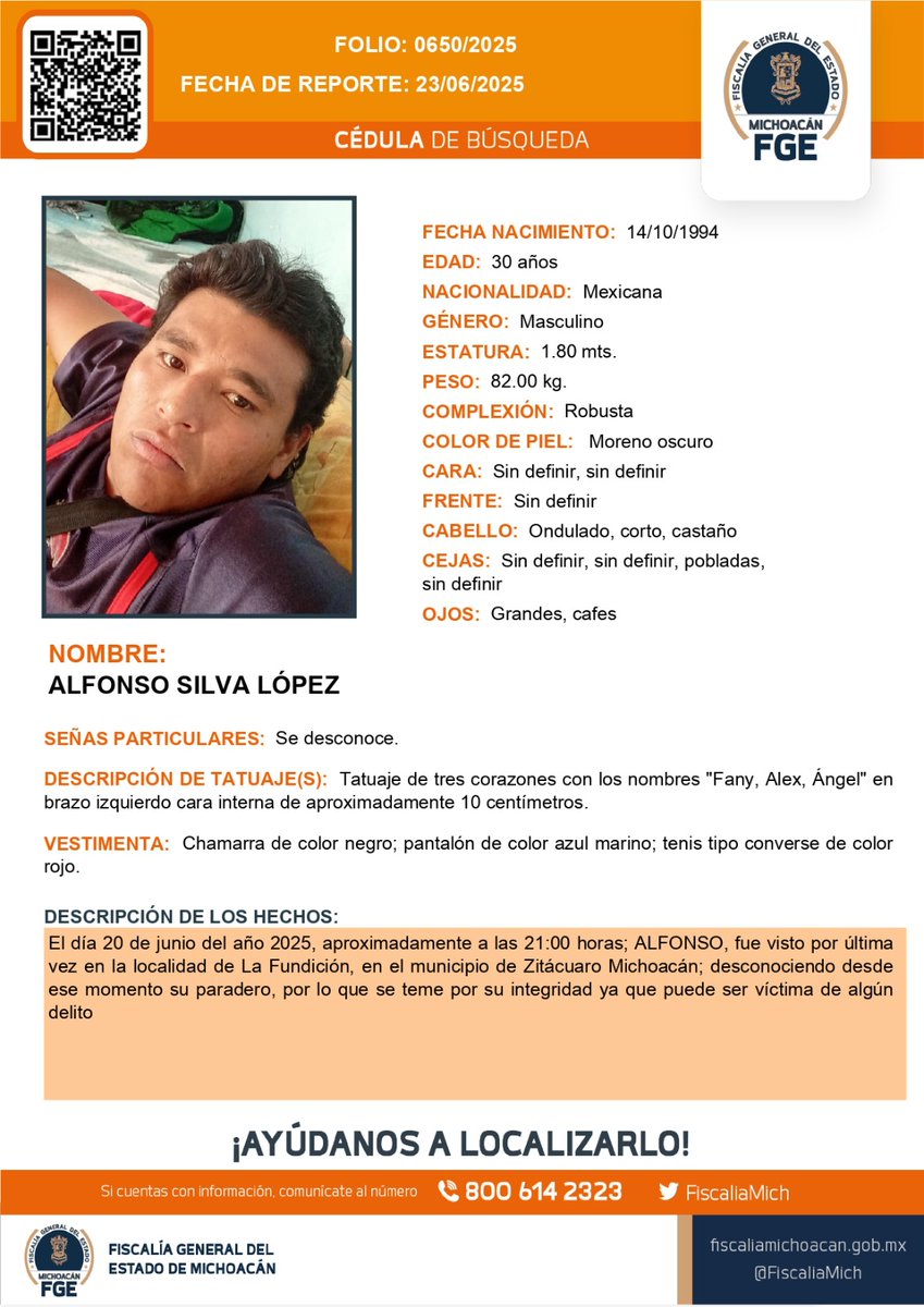 Fiscalía General de Michoacán (@fiscaliamich) on Twitter photo ⚠️🟠 Solicitamos su apoyo para la #búsqueda y #localización de ALFONSO SILVA LÓPEZ de 30 años de edad. #Ayúdanos a encontrarlo. #Comparte <a href="/botDesaparecidx/">BotDesaparecidx</a> #FGEMich ⚠️🟠 Solicitamos su apoyo para la #búsqueda y #localización de ALFONSO SILVA LÓPEZ de 30 años de edad. #Ayúdanos a encontrarlo. #Comparte <a href="/botDesaparecidx/">BotDesaparecidx</a> #FGEMich