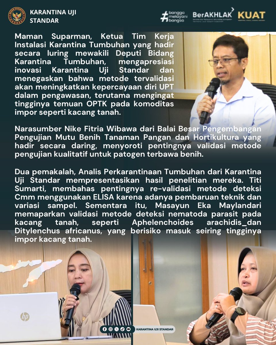 ujistandar's tweet photo. Karantina Uji Standar kembali menggelar Seminar Proposal Pengembangan Metode Laboratorium Karantina Tumbuhan secara hybrid pada Kamis (26/06).
Apa saja yang dibahas dalam seminar, simak beritanya ya
#karantinaujistandar
#karantinakuat
#labkarantina
#seminarproposalbbuskhit https://t.co/zWlTS62yNF
