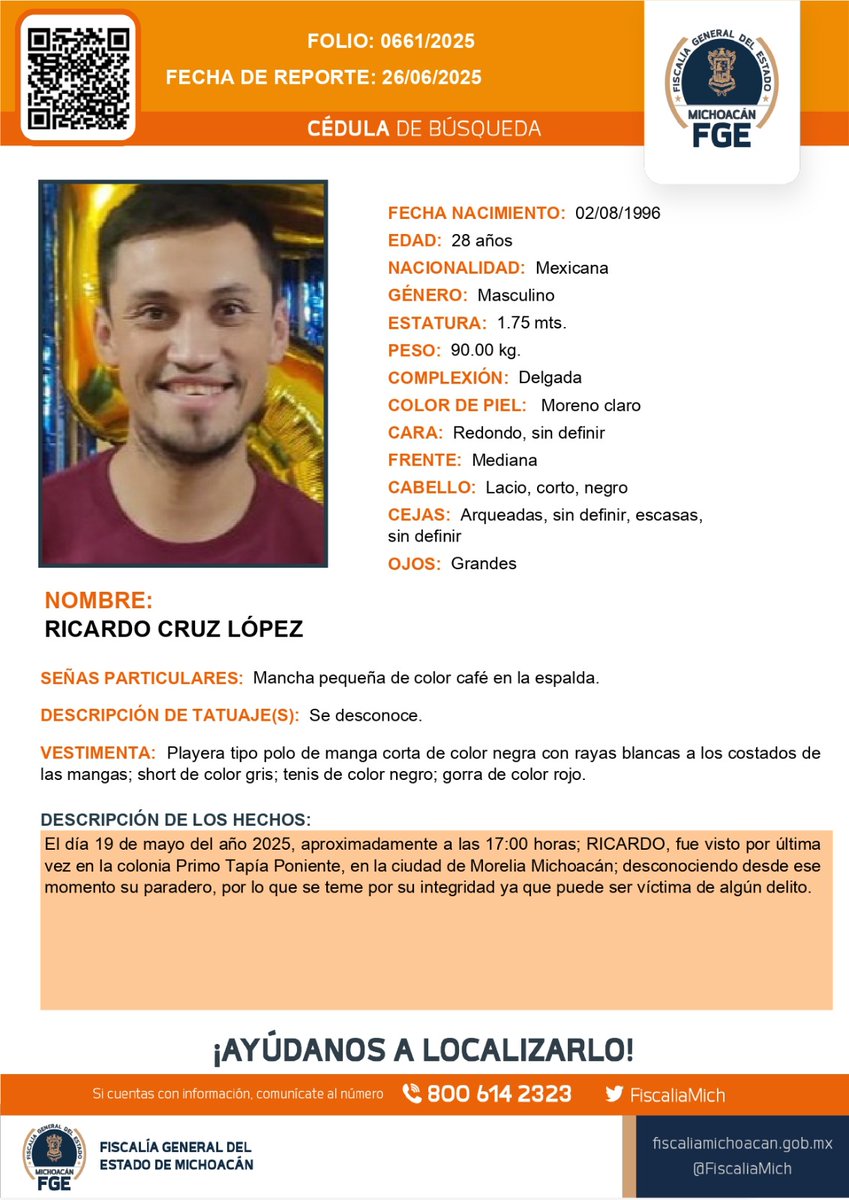 Fiscalía General de Michoacán (@fiscaliamich) on Twitter photo ⚠️🟠 Solicitamos su apoyo para la #búsqueda y #localización de RICARDO CRUZ LÓPEZ de 28 años de edad. #Ayúdanos a encontrarlo. #Comparte <a href="/botDesaparecidx/">BotDesaparecidx</a> #FGEMich ⚠️🟠 Solicitamos su apoyo para la #búsqueda y #localización de RICARDO CRUZ LÓPEZ de 28 años de edad. #Ayúdanos a encontrarlo. #Comparte <a href="/botDesaparecidx/">BotDesaparecidx</a> #FGEMich