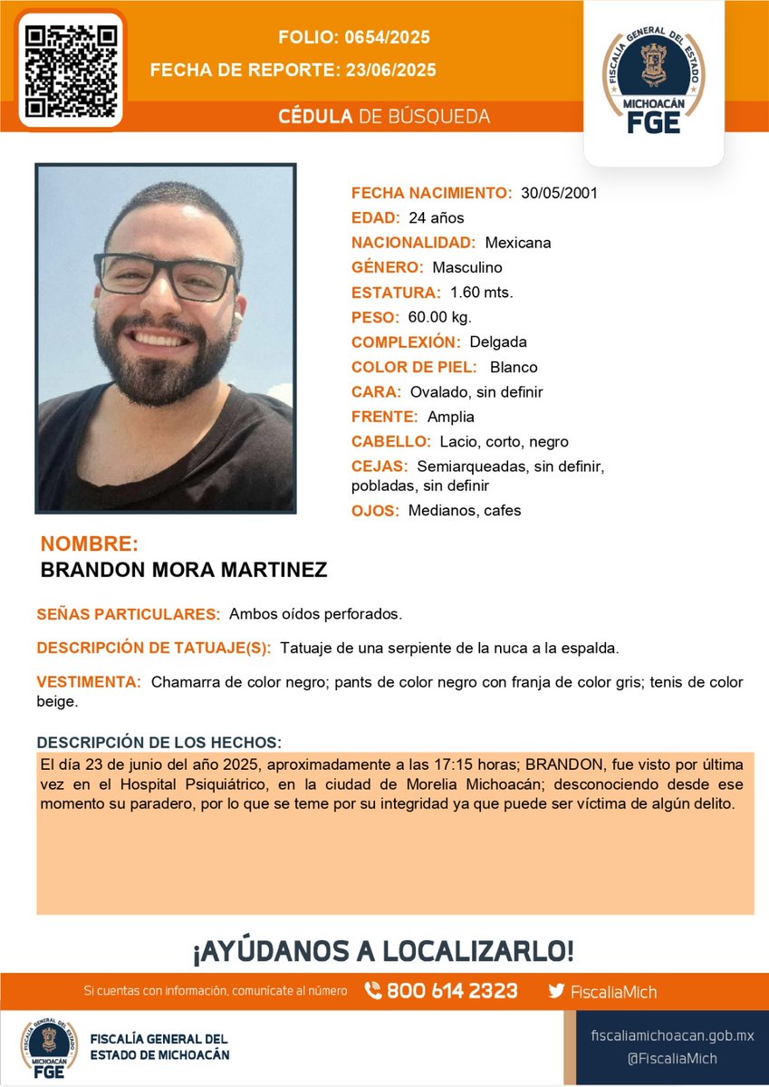Fiscalía General de Michoacán (@fiscaliamich) on Twitter photo ⚠️🟠 Solicitamos su apoyo para la #búsqueda y #localización de BRANDON MORA MARTINEZ de 24 años de edad. #Ayúdanos a encontrarlo. #Comparte <a href="/botDesaparecidx/">BotDesaparecidx</a> #FGEMich ⚠️🟠 Solicitamos su apoyo para la #búsqueda y #localización de BRANDON MORA MARTINEZ de 24 años de edad. #Ayúdanos a encontrarlo. #Comparte <a href="/botDesaparecidx/">BotDesaparecidx</a> #FGEMich
