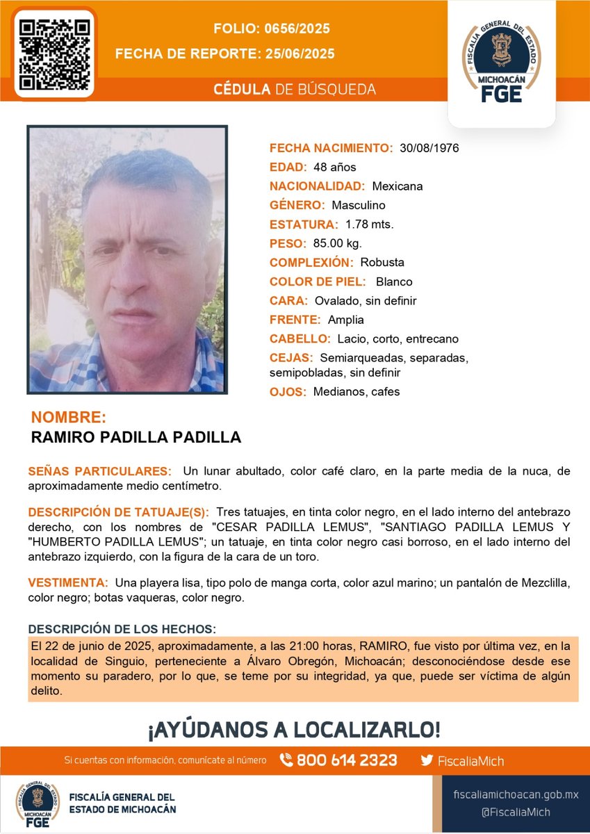 Fiscalía General de Michoacán (@fiscaliamich) on Twitter photo ⚠️🟠 Solicitamos su apoyo para la #búsqueda y #localización de RAMIRO PADILLA PADILLA de 48 años de edad. #Ayúdanos a encontrarlo. #Comparte <a href="/botDesaparecidx/">BotDesaparecidx</a> #FGEMich ⚠️🟠 Solicitamos su apoyo para la #búsqueda y #localización de RAMIRO PADILLA PADILLA de 48 años de edad. #Ayúdanos a encontrarlo. #Comparte <a href="/botDesaparecidx/">BotDesaparecidx</a> #FGEMich