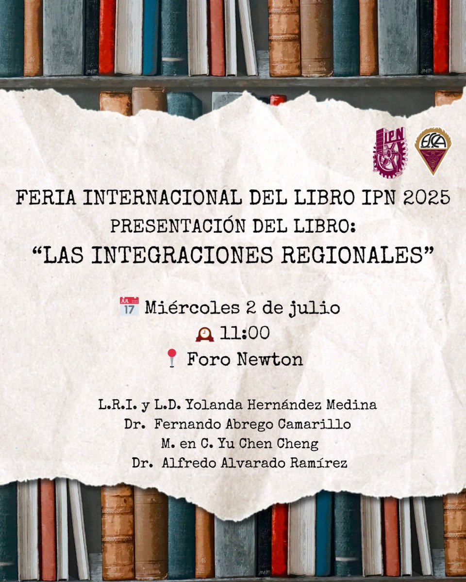 Fernando Ábrego Camarillo (@fabrecam) on Twitter photo El 📕“Las integraciones regionales” se presentará en la #FILIPN2025
Gracias a <a href="/DovalGisela/">Gisela Pereyra Doval</a> <a href="/chennie_tw/">Yu Chen</a> <a href="/BelenLicona/">Belén Licona</a> <a href="/yolher3/">Yol</a> <a href="/OmerFreixa/">Omer Freixa</a> <a href="/eordon73/">Emilio Ordoñez ☆☆☆</a> <a href="/KenSmithramos/">Kenneth Smith Ramos</a> <a href="/DaanMaur/">Dan Maur</a> <a href="/MariadelMarOvi2/">Maria del Mar Oviedo Facundo</a> <a href="/TatiGlez_/">Tanya Gohr</a> <a href="/LMariaGallardo/">Luz María Gallardo</a> <a href="/Monlugo/">Mónica Lugo</a> y especialmente al Embajador <a href="/JulianVenturaV/">Julián Ventura</a> El 📕“Las integraciones regionales” se presentará en la #FILIPN2025
Gracias a <a href="/DovalGisela/">Gisela Pereyra Doval</a> <a href="/chennie_tw/">Yu Chen</a> <a href="/BelenLicona/">Belén Licona</a> <a href="/yolher3/">Yol</a> <a href="/OmerFreixa/">Omer Freixa</a> <a href="/eordon73/">Emilio Ordoñez ☆☆☆</a> <a href="/KenSmithramos/">Kenneth Smith Ramos</a> <a href="/DaanMaur/">Dan Maur</a> <a href="/MariadelMarOvi2/">Maria del Mar Oviedo Facundo</a> <a href="/TatiGlez_/">Tanya Gohr</a> <a href="/LMariaGallardo/">Luz María Gallardo</a> <a href="/Monlugo/">Mónica Lugo</a> y especialmente al Embajador <a href="/JulianVenturaV/">Julián Ventura</a>