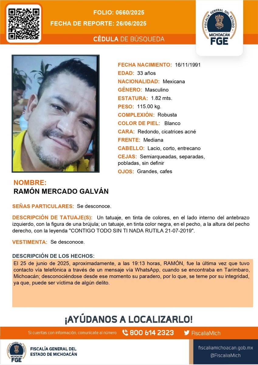 Fiscalía General de Michoacán (@fiscaliamich) on Twitter photo ⚠️🟠 Solicitamos su apoyo para la #búsqueda y #localización de RAMÓN MERCADO GALVÁN de 33 años de edad. #Ayúdanos a encontrarlo. #Comparte <a href="/botDesaparecidx/">BotDesaparecidx</a> #FGEMich ⚠️🟠 Solicitamos su apoyo para la #búsqueda y #localización de RAMÓN MERCADO GALVÁN de 33 años de edad. #Ayúdanos a encontrarlo. #Comparte <a href="/botDesaparecidx/">BotDesaparecidx</a> #FGEMich