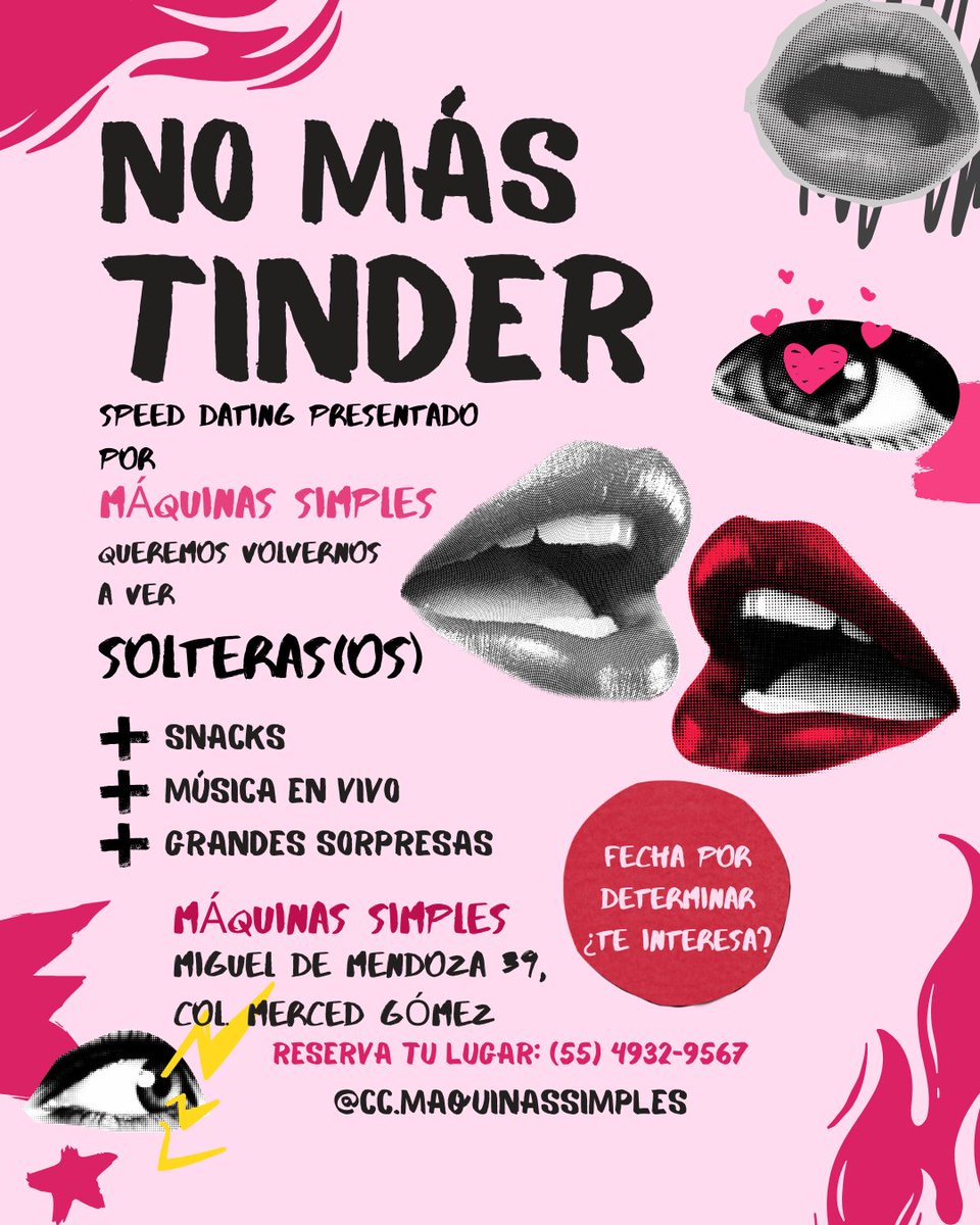 💥NO MÁS TINDER💥
¡Es momento de volvernos a ver las caras!
Máquinas Simples te invita a nuestro Speed Dating para solteras(os) 
💖 Snacks 
💖 Música en vivo
💖 Grandes sorpresas
 Máquinas Simples
Miguel de Mendoza 39, Col. Merced Gómez
🔥¡Porque hay vida más allá de las apps!🔥