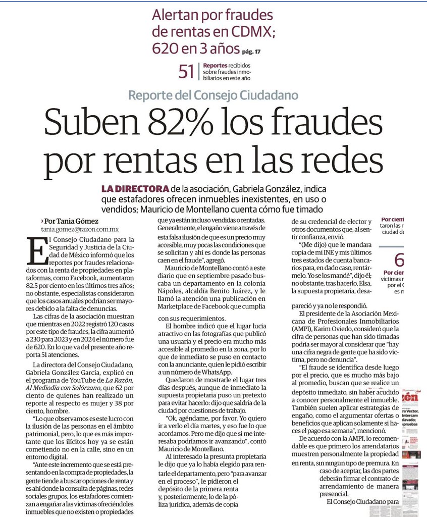 De acuerdo con nuestros reportes, los fraudes por rentas a través de redes sociales crecieron 82.5 % entre 2022 y 2024, con 51 casos solo en 2025.  Gracias a @larazon_mx, por el espacio a nuestra Dir. del Programa Junt@s vs la Trata, Gabriela González, quién alertó sobre las