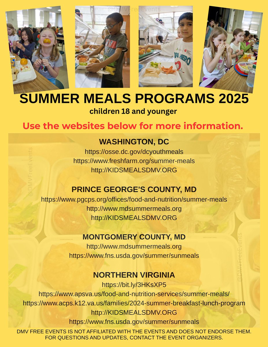 DMVFreeEvents's tweet image. Summer Meals Programs 2025 🍽️
Disclaimer: DMV Free Events is not affiliated with the events and does not endorse them. For questions and updates, contact the event organizers.
#DMVFreeEvents
#freefood
#summermeals