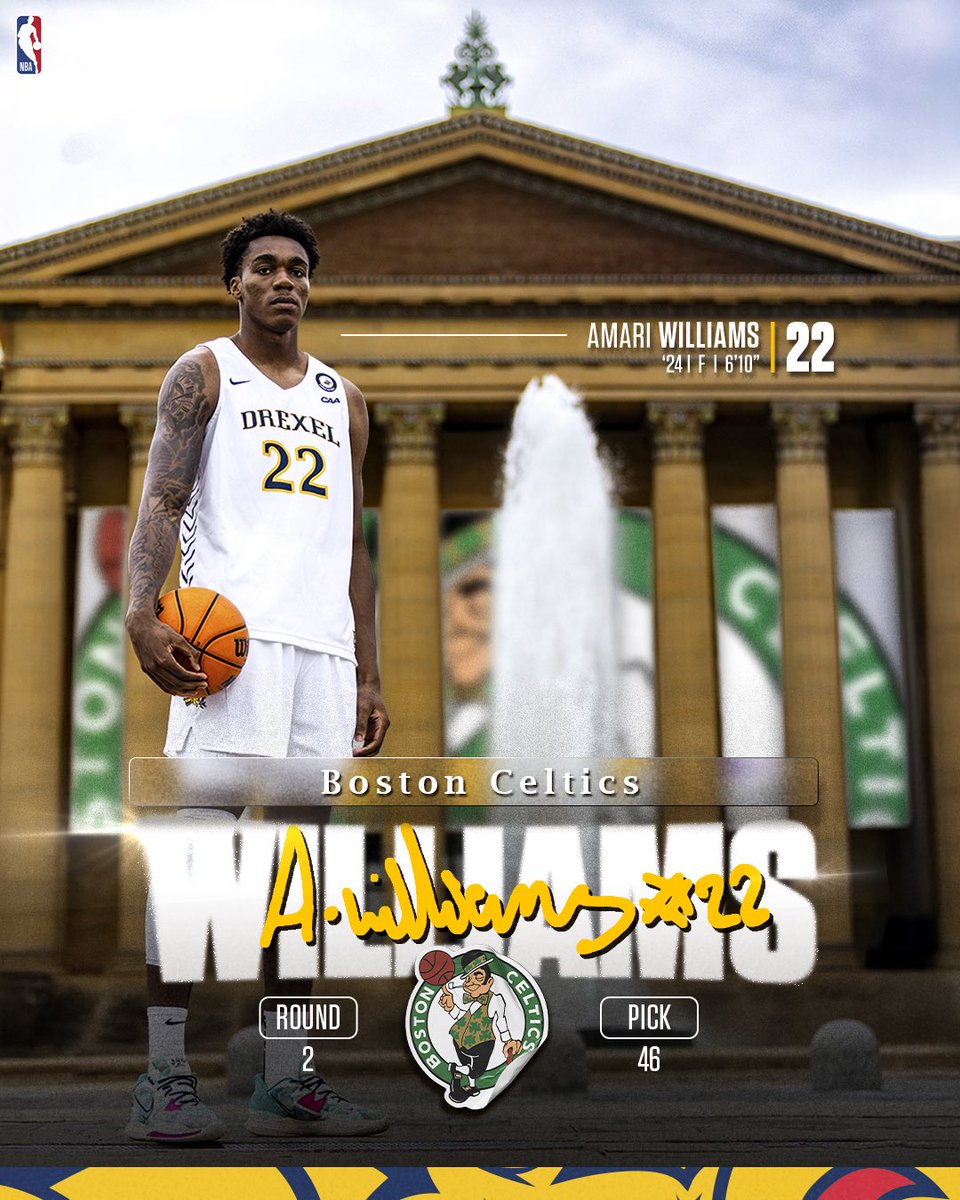 DrexelMBB's tweet image. Amari Williams is shipping up to Boston. ☘️
With the 46th pick in the 2025 NBA draft the @celtics select Amari Williams.
#FearTheDragon 🐉