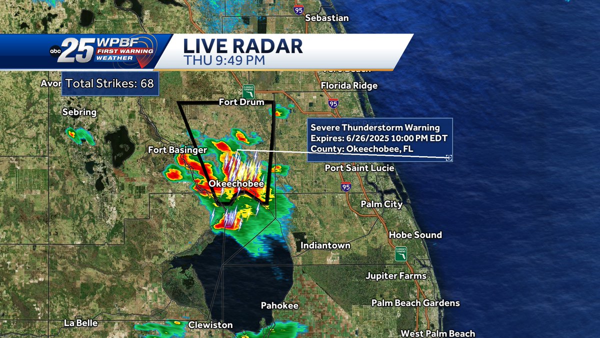 A Severe Thunderstorm Warning has been issued for Okeechobee County until 10pm.  A Severe Thunderstorm is moving north at 25mph.  It is producing wind gusts of 60mph and nickely size hail.  Please stay safe until the storm passes by.
Severe Thunderstorms Warning