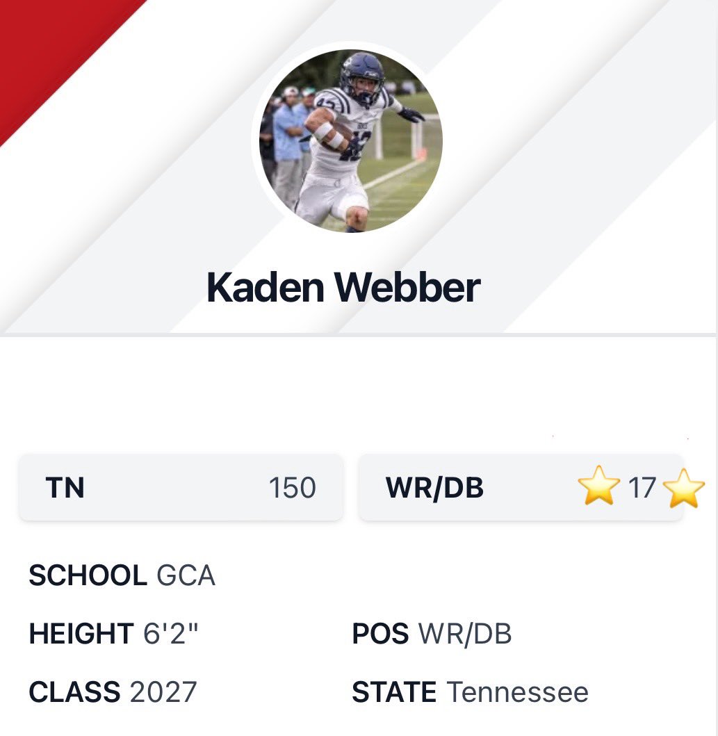 Kaden Webber (@kadenwebber42) on Twitter photo Honored to be ranked #17 in the state in my position. Thank you <a href="/CSmithScout/">Chris Smith</a> and <a href="/PrepRedzoneTN/">Prep Redzone Tennessee</a> #PRZTN #TNHSFB #TN2027 <a href="/GCARamsFootball/">Grace Christian Academy Football</a> <a href="/TNSelect7V7/">TN Select Sports 7V7</a> Honored to be ranked #17 in the state in my position. Thank you <a href="/CSmithScout/">Chris Smith</a> and <a href="/PrepRedzoneTN/">Prep Redzone Tennessee</a> #PRZTN #TNHSFB #TN2027 <a href="/GCARamsFootball/">Grace Christian Academy Football</a> <a href="/TNSelect7V7/">TN Select Sports 7V7</a>