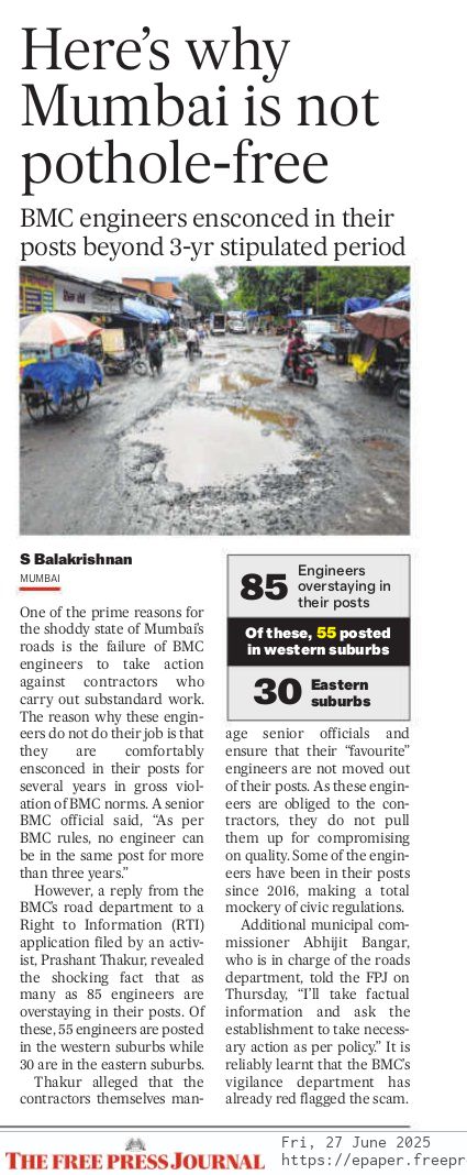 मुंबई Matters™👁️🗨️ (@mumbaimatterz) on Twitter photo Why Mumbai Isn't Pothole-Free:
RTI Reveals 85 BMC Engineers Overstaying Posts Since 2016, Allegedly Shielding Substandard Contractors
#Potholes
<a href="/fpjindia/">Free Press Journal</a>
freepressjournal.in/mumbai/why-mum… Why Mumbai Isn't Pothole-Free:
RTI Reveals 85 BMC Engineers Overstaying Posts Since 2016, Allegedly Shielding Substandard Contractors
#Potholes
<a href="/fpjindia/">Free Press Journal</a>
freepressjournal.in/mumbai/why-mum…