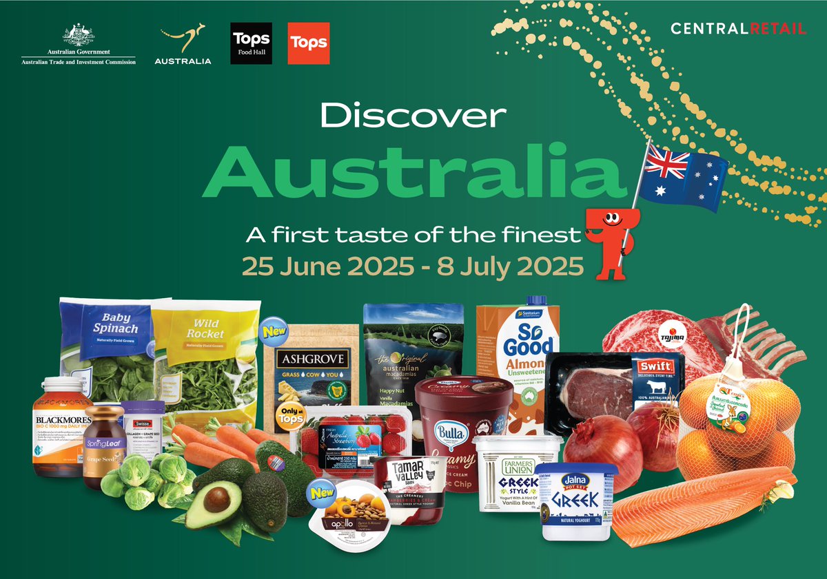 🛒Discover 🇦🇺’s freshest flavour at 92 Tops &amp; Tops Food Hall across 🇹🇭 today!🥑🍊🥩
 
If you're in #Phuket this weekend, join our <a href="/Austrade/">Austrade</a> team at Porto de Phuket on Saturday &amp; Tops Floresta on Sunday for fun promos! #DiscoverAustralia