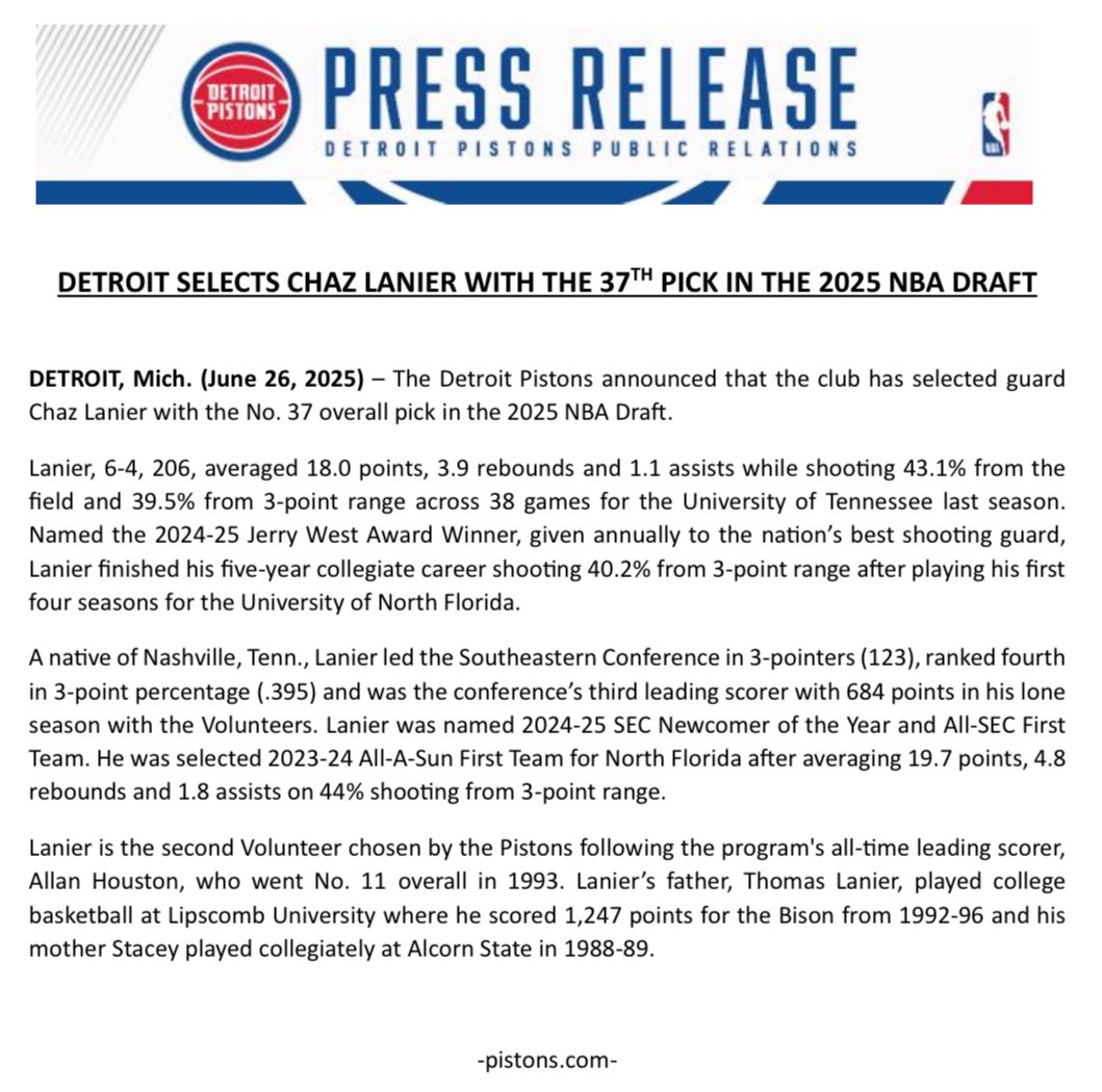 Pistons_PR's tweet image. The @DetroitPistons announced that the club has selected guard Chaz Lanier from @Vol_Hoops with the No. 37 overall pick in the 2025 NBA Draft.